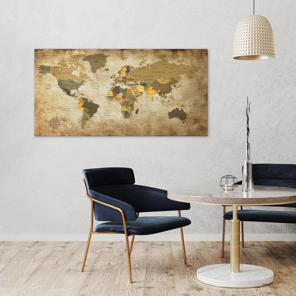 Art World Map Canvas Wall Art Vintage Large Map of The World 20" x 40" Framed Canvas Print Artwork Living Room Wall