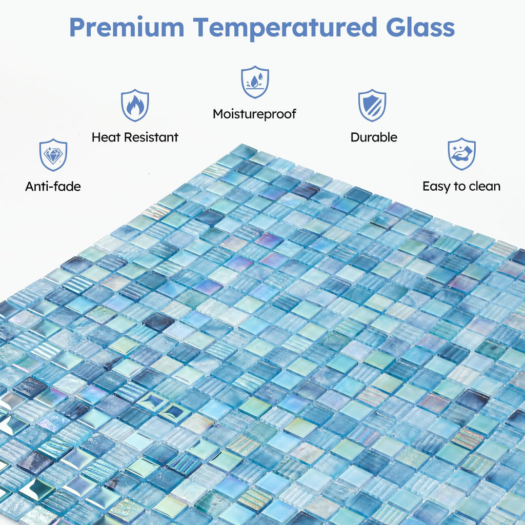 Pool Glass Mosaic Tiles, Iridescent Aqua, 1 Inch Sqaure, 5 Sheets