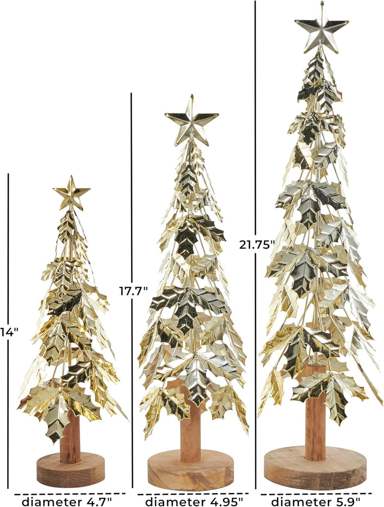 Metal Tree Decorative Sculpture Holiday Layered Holly Leaf Christmas Home Decor Statues with Wooden Base and Star