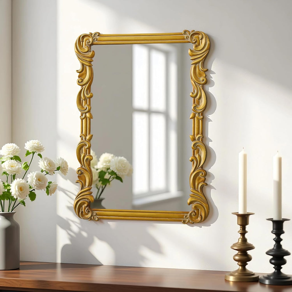 Antique Gold Baroque Mirrors for Wall Decor 30 X 21 Inch, Hanging Rectangular Wooden Frame Vintage Mirror