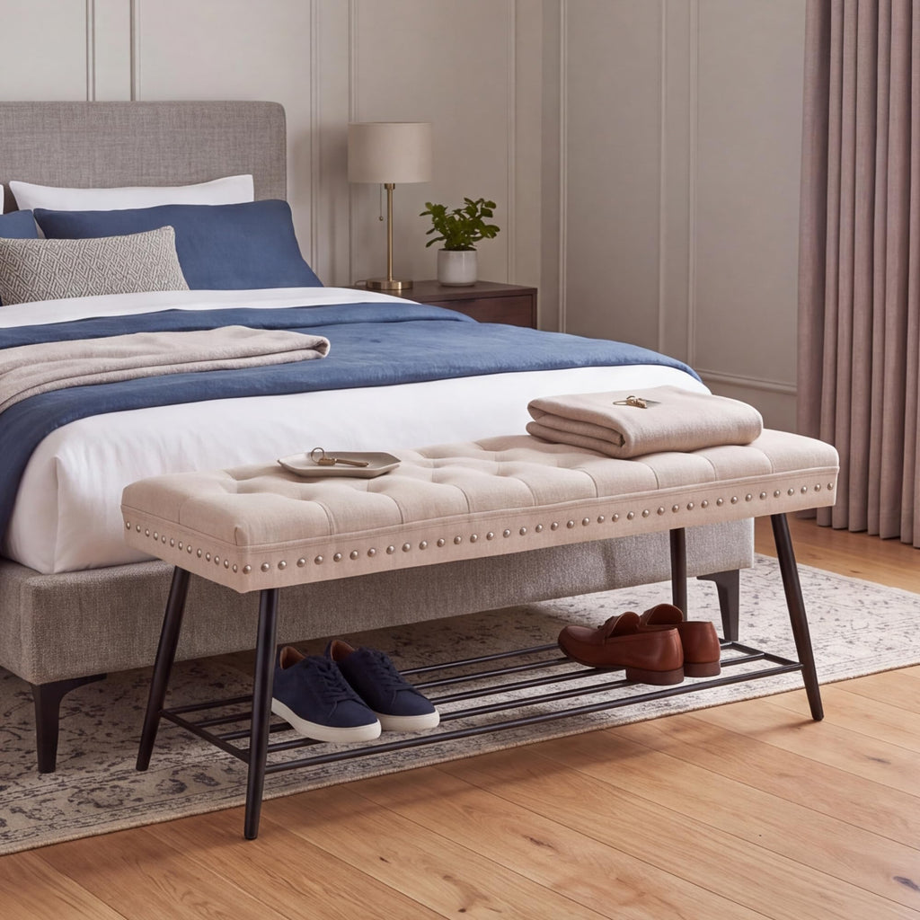 Thick Cushioned Shoe Bench, Entryway Bench with Metal Shoe Rack, Upholstered Tufted Ottoman Bench, End of Bed Bench