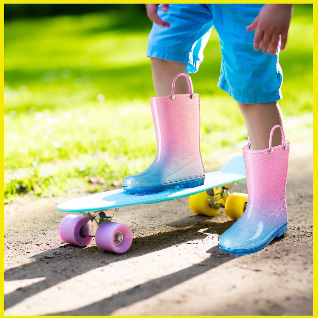 Kids' PVC Glitter Rain Boots with Easy-On Handles - Sparkly, Lightweight, for Girls & Boys - Toddler & Little Kid