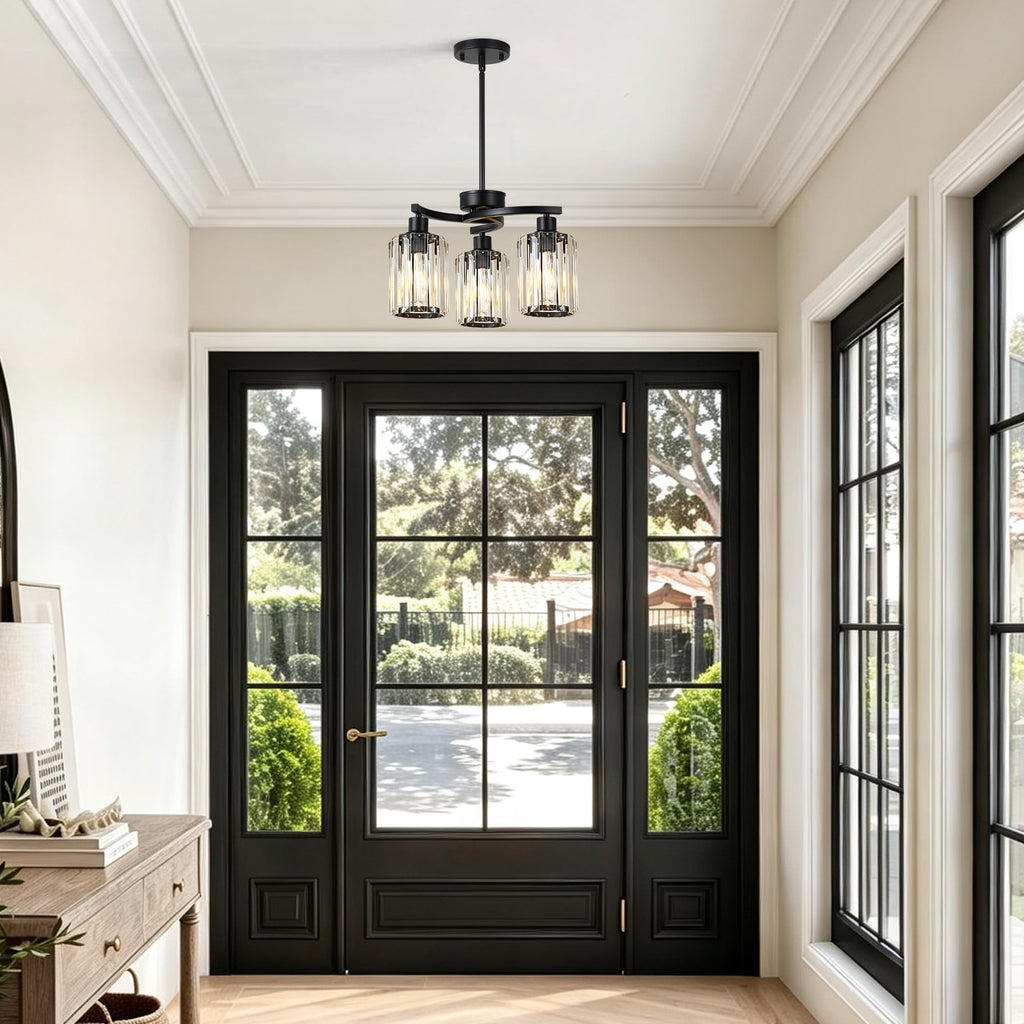 3 Light Black Crystal Chandelier, Glam Pendant