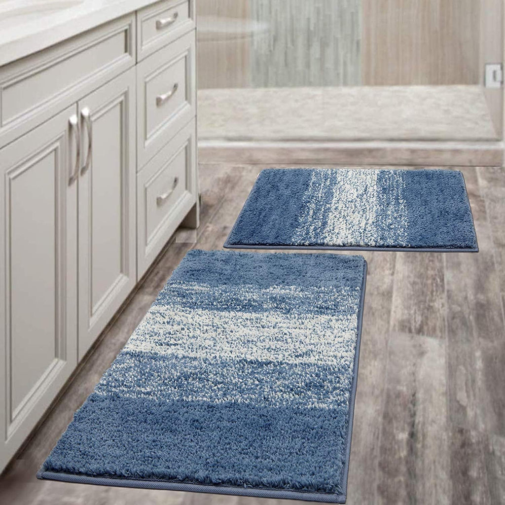 Luxury Soft Bathroom Rugs Set of 2, Blue Non Slip Bath Floor Mat | Microfiber Shaggy Plush Absorbent Striped Washable