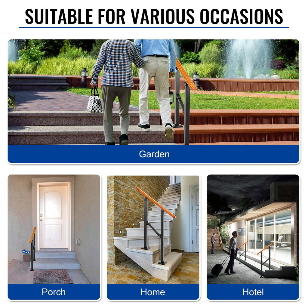 2 Step Handrails for Outdoor Steps, Metal Wood Grain Hand Rails