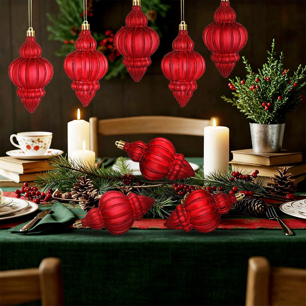 Red 8 Pcs 5.1 Inch Vintage Shatterproof Finial Christmas Ornaments