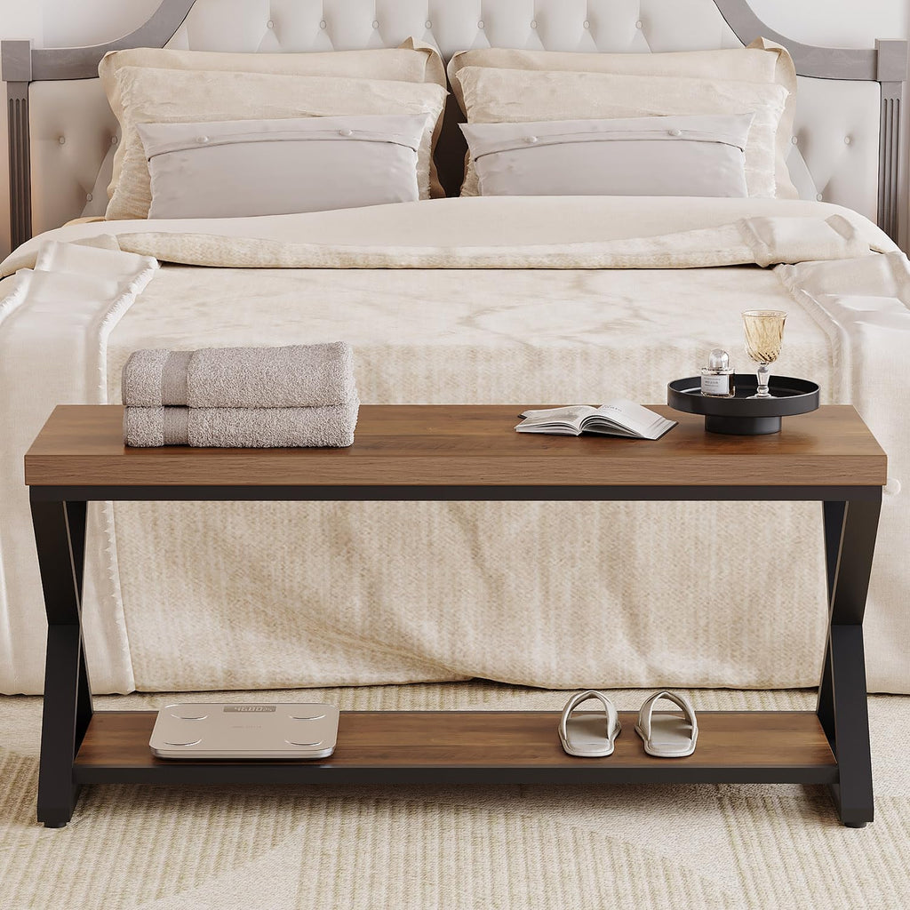 Rustic Entryway Bench with Storage, Rustic Oak Wood and Metal Bench