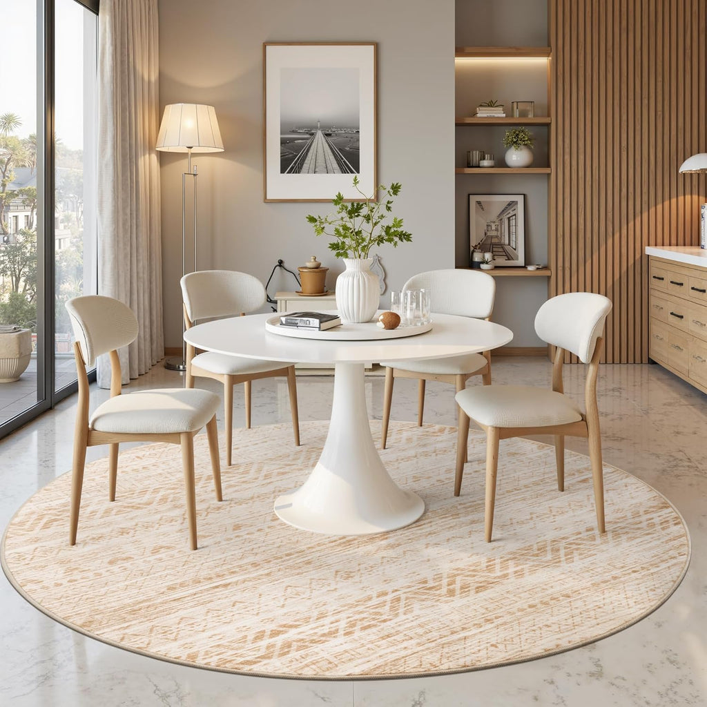Round Rugs 8ft Washable Moroccan Circle Rug for Living Room Non Slip Indoor Floor Carpet Foldable Ar