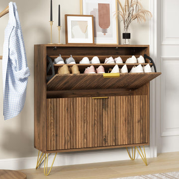 34.4" H Fluted Shoe Storage Cabinet with 2 Flip Drawers, Walnut ̃Hidden Shoe Cabinet Storage, Narrow Freestanding