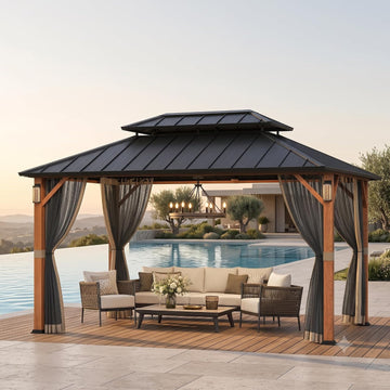 Modern Shade Hardtop Gazebo 10x12 with 4 LED Lights Wood Grain | Permanent Hard Top Gazebo with Galvanized Steel Double