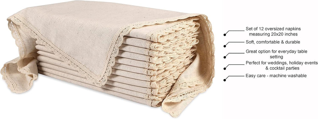 Cloth Dinner Napkins, 12-Pack, 20x20 in, Natural | Flax-cotton blend, lace trim, mitered corners, machine washable