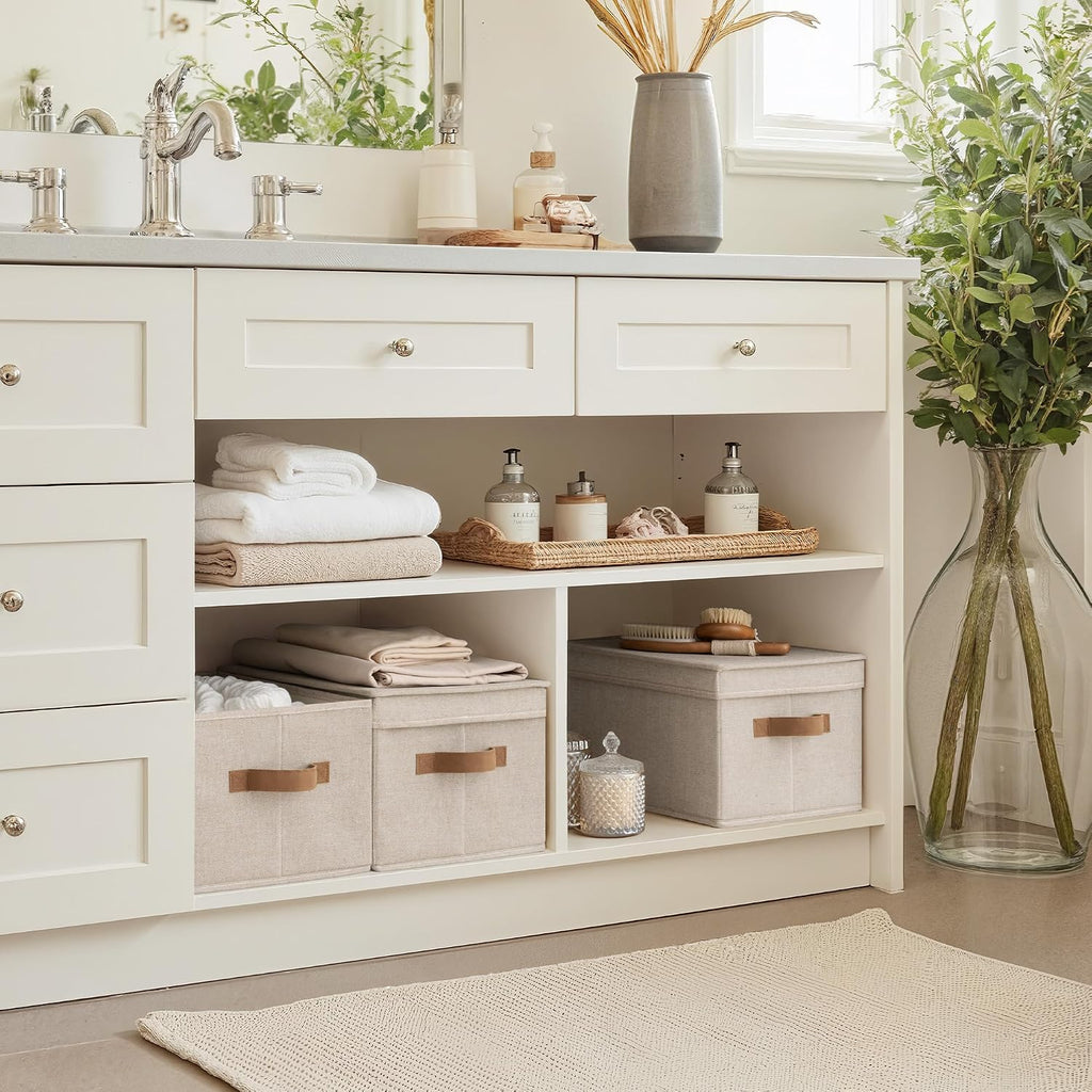 Fabric Storage Bins with Lids, Decorative Storage Bins with PU Handles, Foldable Storage Baskets for Closet, Shelves
