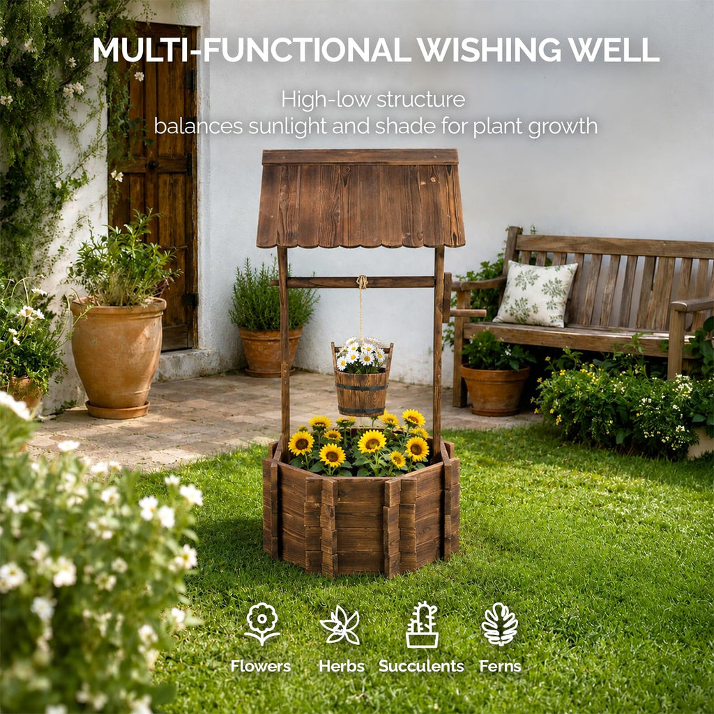 Wooden Wishing Well Outdoor Planters, Well Covers for Yard with 4 Reinforced Rods, Height Adjustable Hanging Bucket