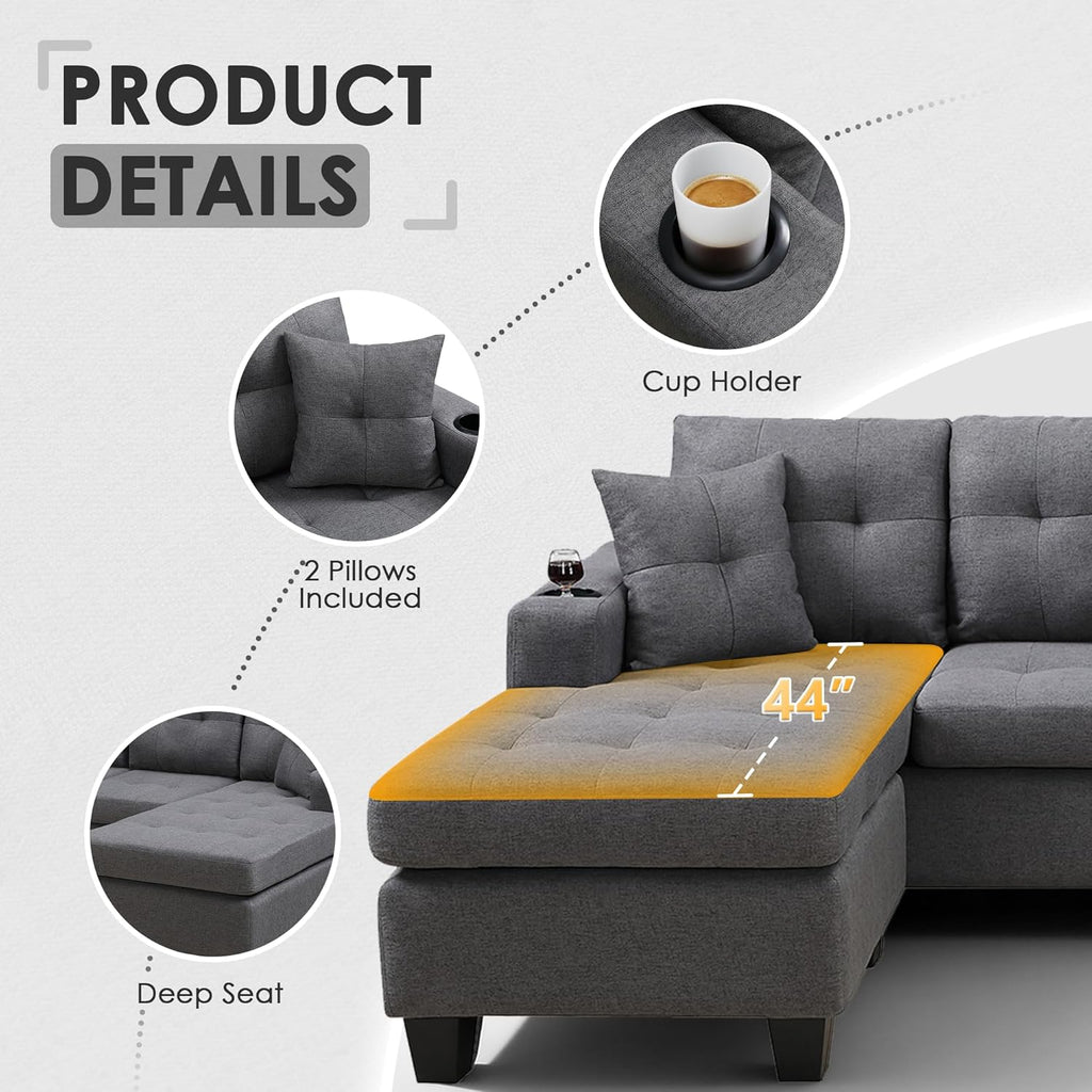 Wakefit Sectional Sofa Couch, Modern 4-Seaters Living Room Furniture Sets with Reversible Chaise Lounge & 2 Pillows |