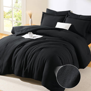 King Size Comforter Set Black - 7 Pieces Striped Seersucker Bed in a Bag, Soft Lightweight Boho Bedding Set with All