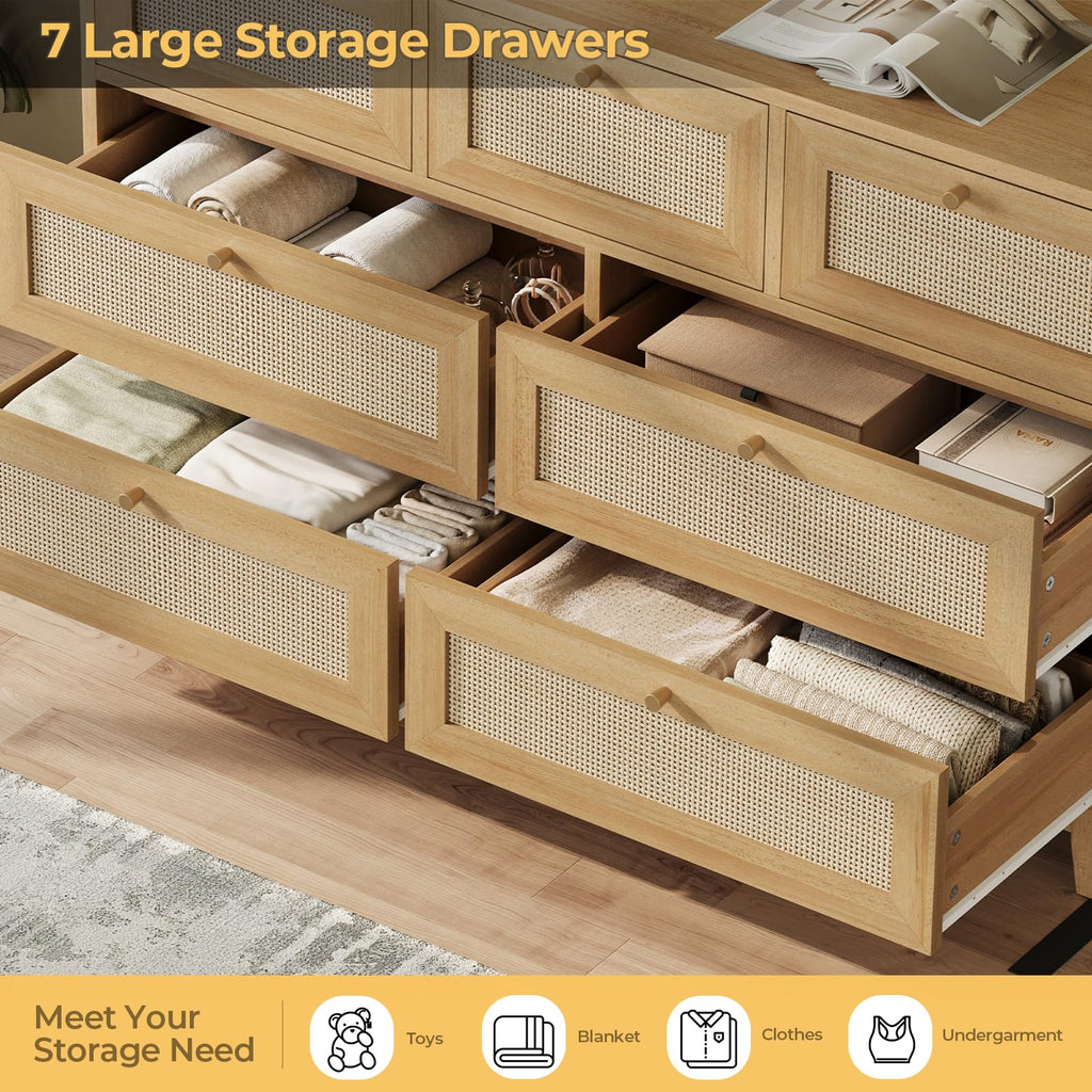 Rattan Dresser with 7 Drawer, Modern Wooden Wide Bedroom Dresser, Chest of Drawers with Metal Handle & Solid Wood