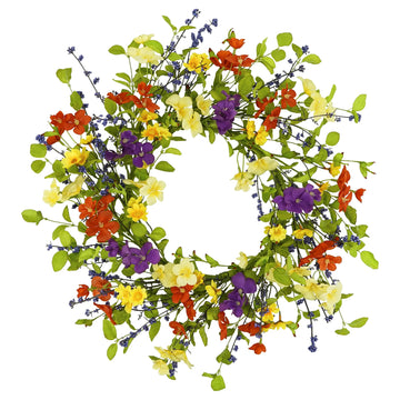 20" Spring Summer Wreaths for Front Door, Artificial Floral Wreath with Colorful Wild Flowers Dicotyledons Berries