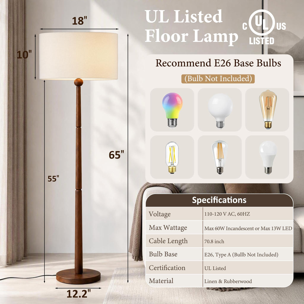 65 Inch Single Ball Walnut Wood Floor Lamp with Linen Shade, Cream
