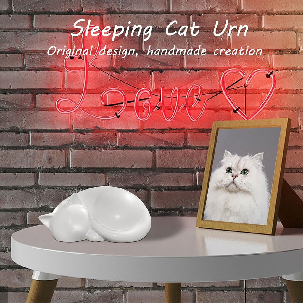 Sleeping Cat Memorial Urn, Resin Cremation Keepsake (White)
