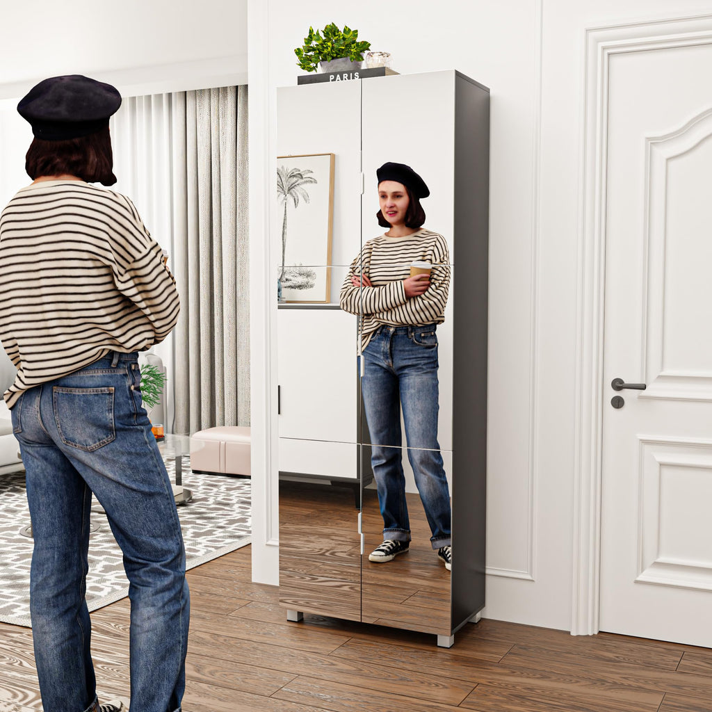 72" Mirror Shoe Cabinet with 6 Doors, Adjustable Shelves