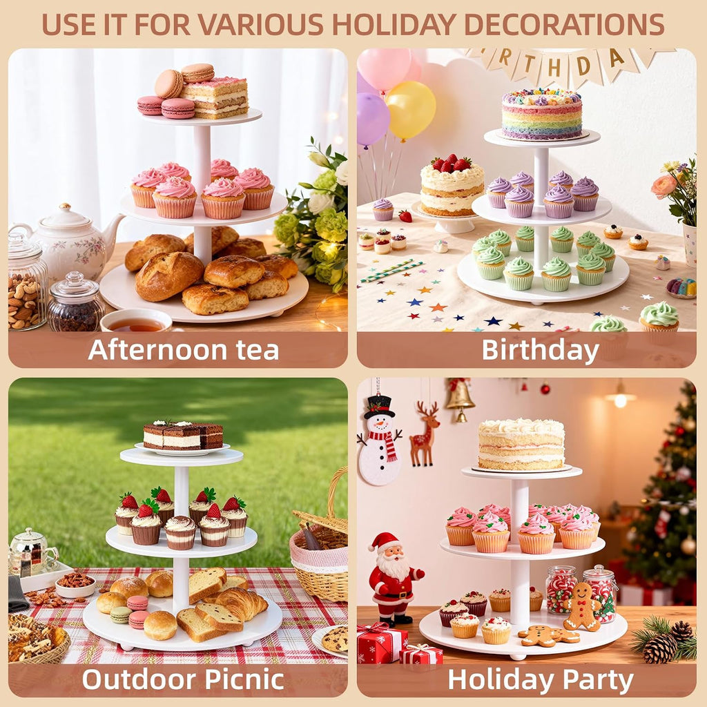 3-Tier Wood Cupcake Stand: 12in White Round stand for cupcake