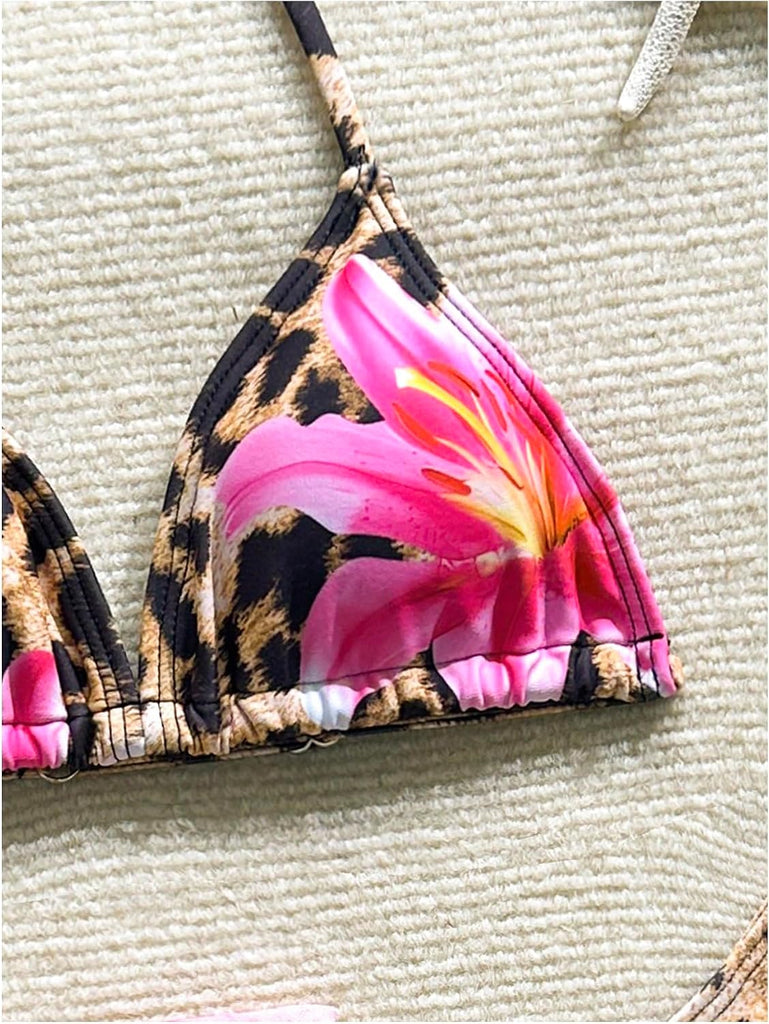 Girl's 3 Piece Swimsuits Leopard Floral Triangle Halter Bikini Set with Cover Up Beach Sarongs