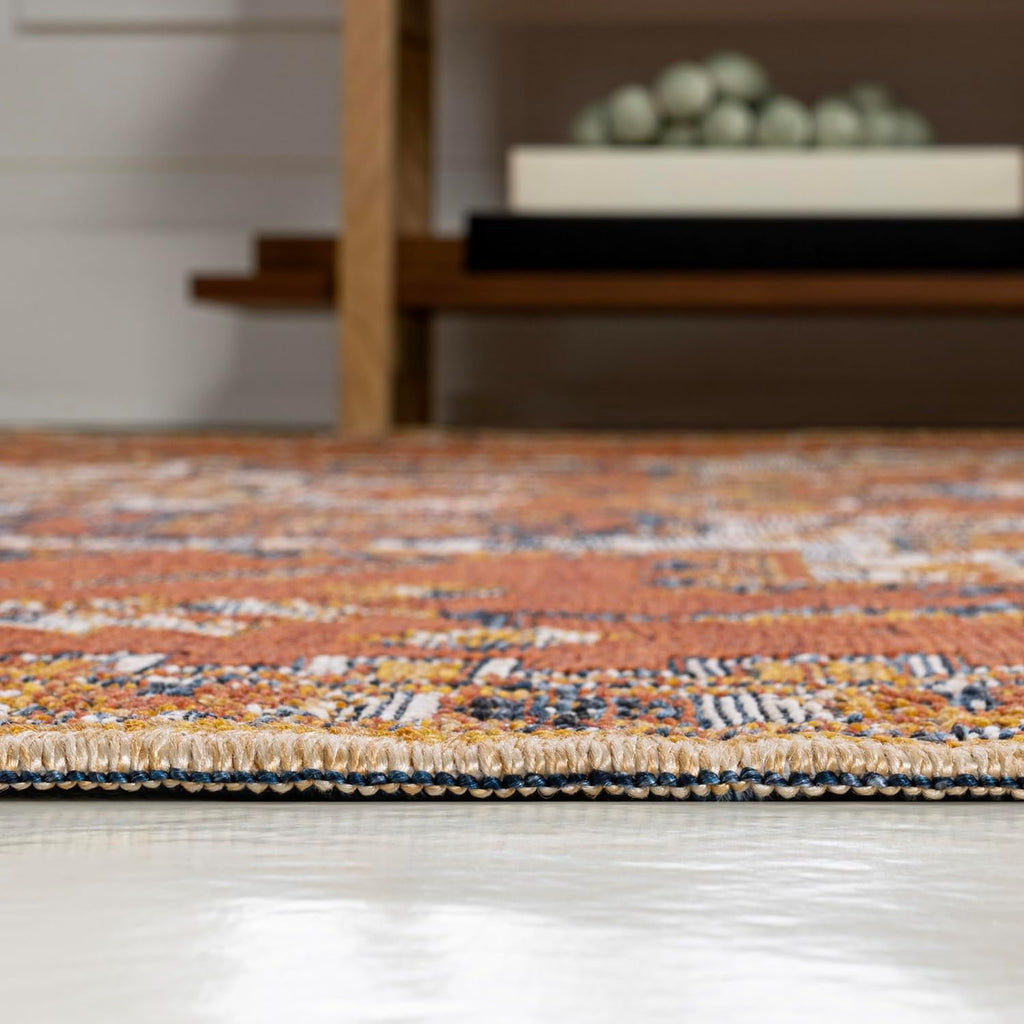 Medallion Reversible Washable Indoor Outdoor Area Rug Terra/Blue/Cream, Bijan Traditional Vintage for Backyard