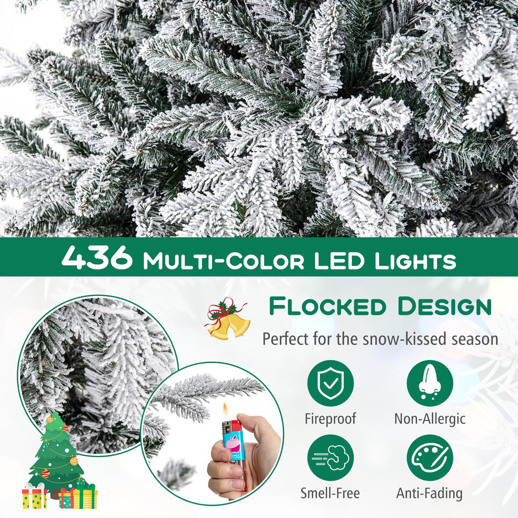 4.5 FT Pre-Lit Flocked Christmas Tree, Hinged Artificial Xmas Tree with 8 Lighting Modes, 160 Multi-Color LED Lights