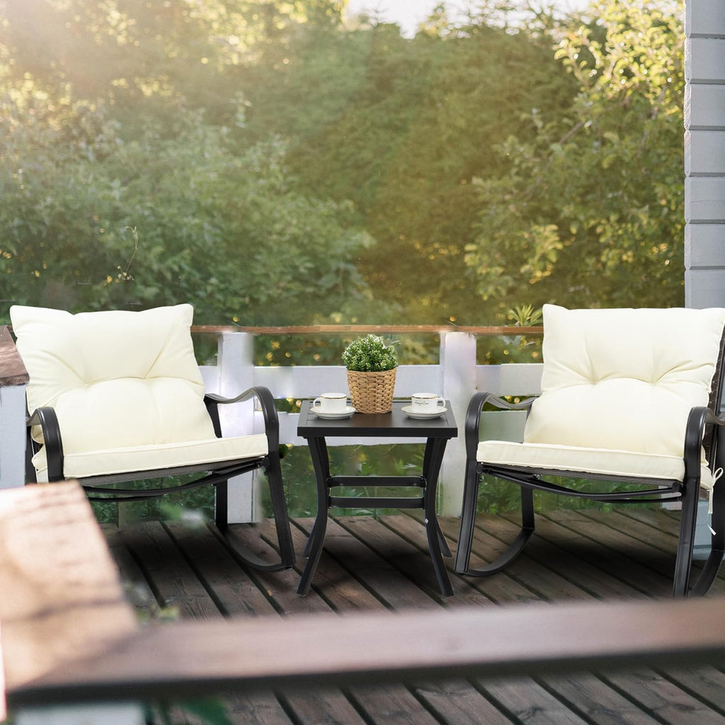 3 Piece Outdoor Rocking Chairs Patio Bistro Set | Coffee Table and Cushions, Patio Wicker Rocking Chair Furniture Set