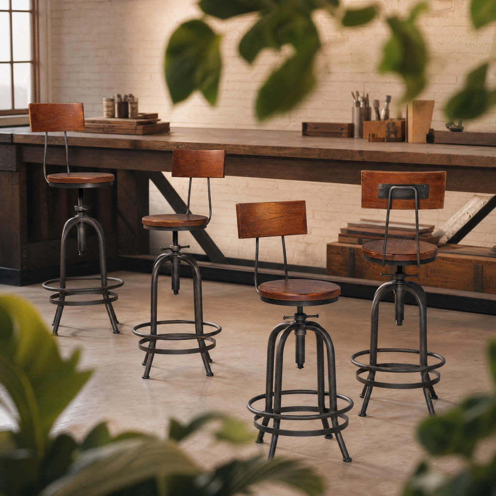 Set of 2 Industrial Bar Stools with Backrest 26-32inch Counter Height Adjustable Rustic Kitchen Island Stool Vintage