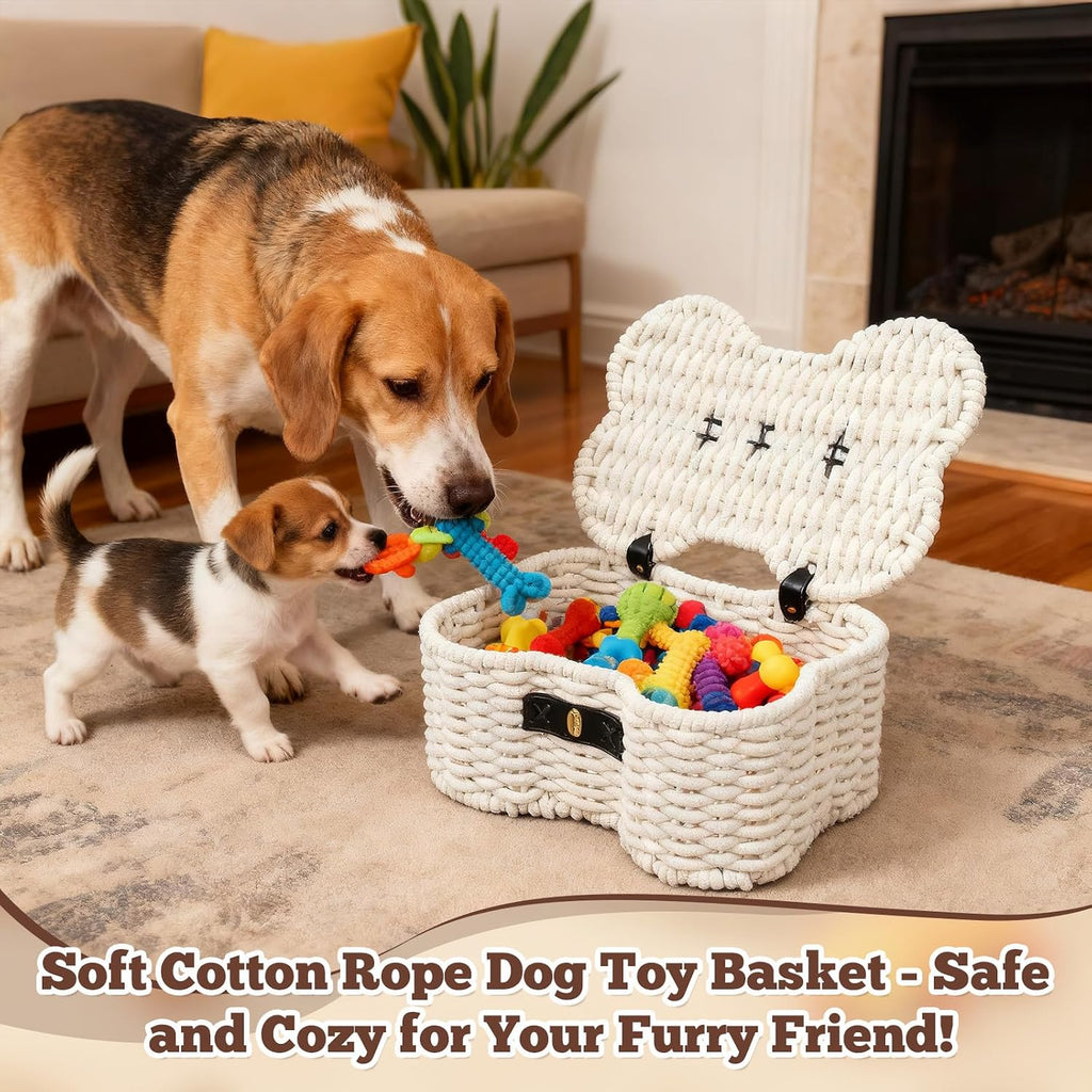 Shaped Dog Toy Basket with Lid, Cotton Rope Woven Pet Toys Bin