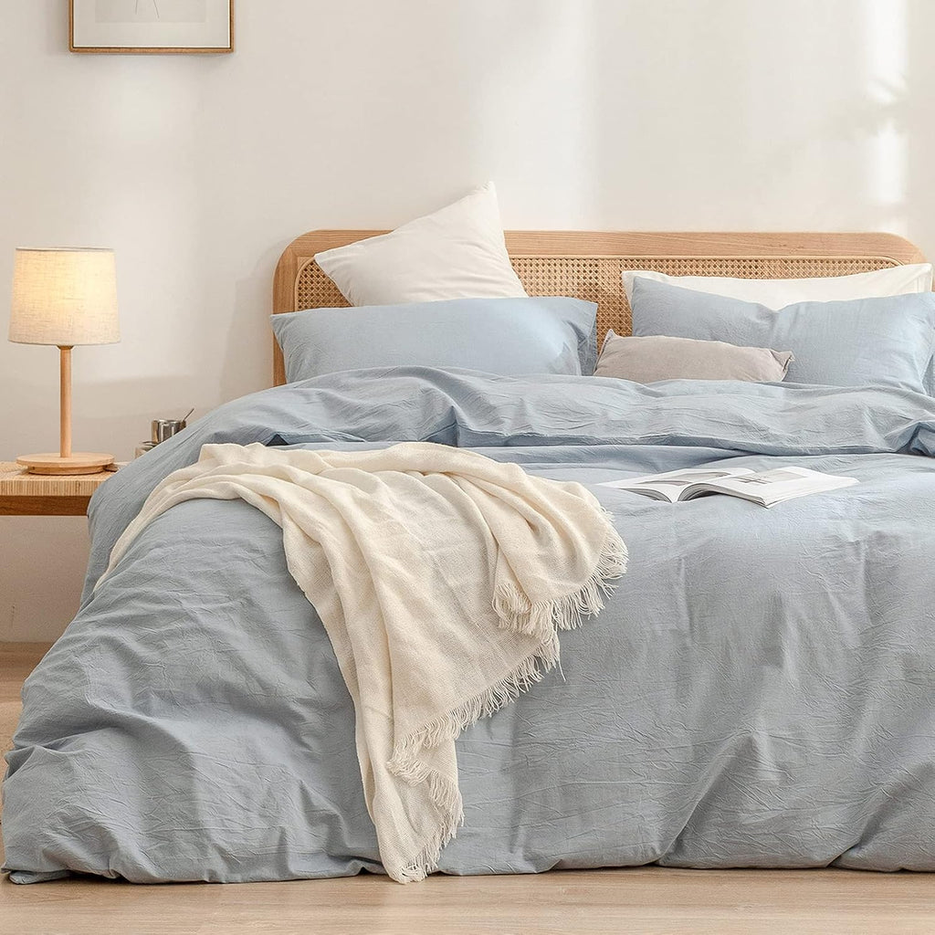 Cotton Solid Duvet Cover Set Linen Feel Cornflower Blue Queen | Washed Cotton, Linen Feel, Soft Wrinkle Texture