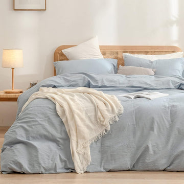 Cotton Solid Duvet Cover Set Linen Feel Cornflower Blue Queen | Washed Cotton, Linen Feel, Soft Wrinkle Texture