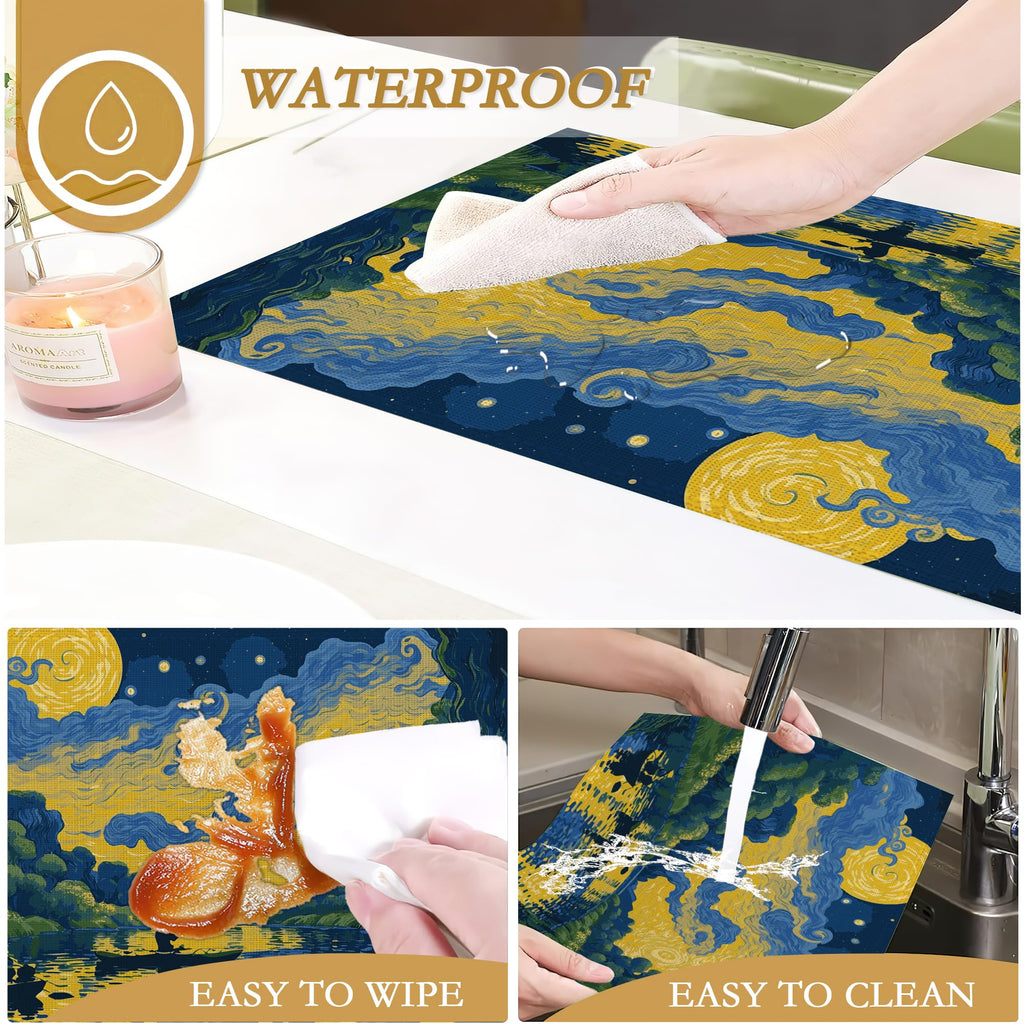 Van Gogh Style Watercolor Painting Placemats, 12 x 18 inch, Linen Table Runner Kitchen Dining Room Decor Holiday