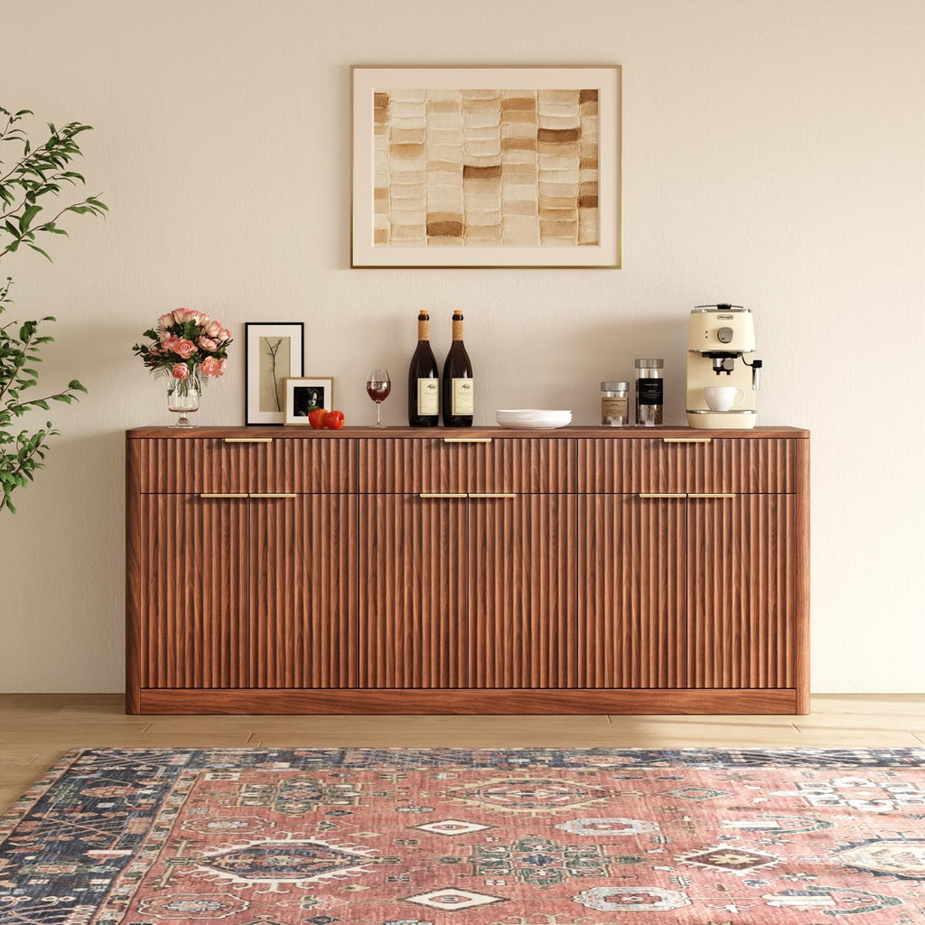 67" Fluted Walnut Sideboard Buffet Cabinet with 3 Drawers