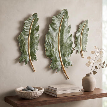 3-Piece 3D Metal Feather Wall Decor Set, Olive Green & Gold