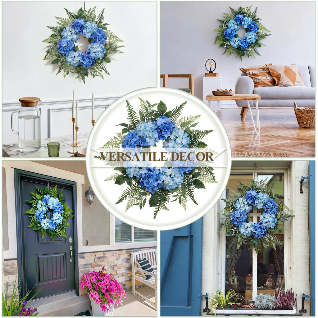 26 Inch Hydrangea Summer Wreaths for Front Door, Blue Hydrangea Wreath Artificial Door Wreaths Spring Summer Decor