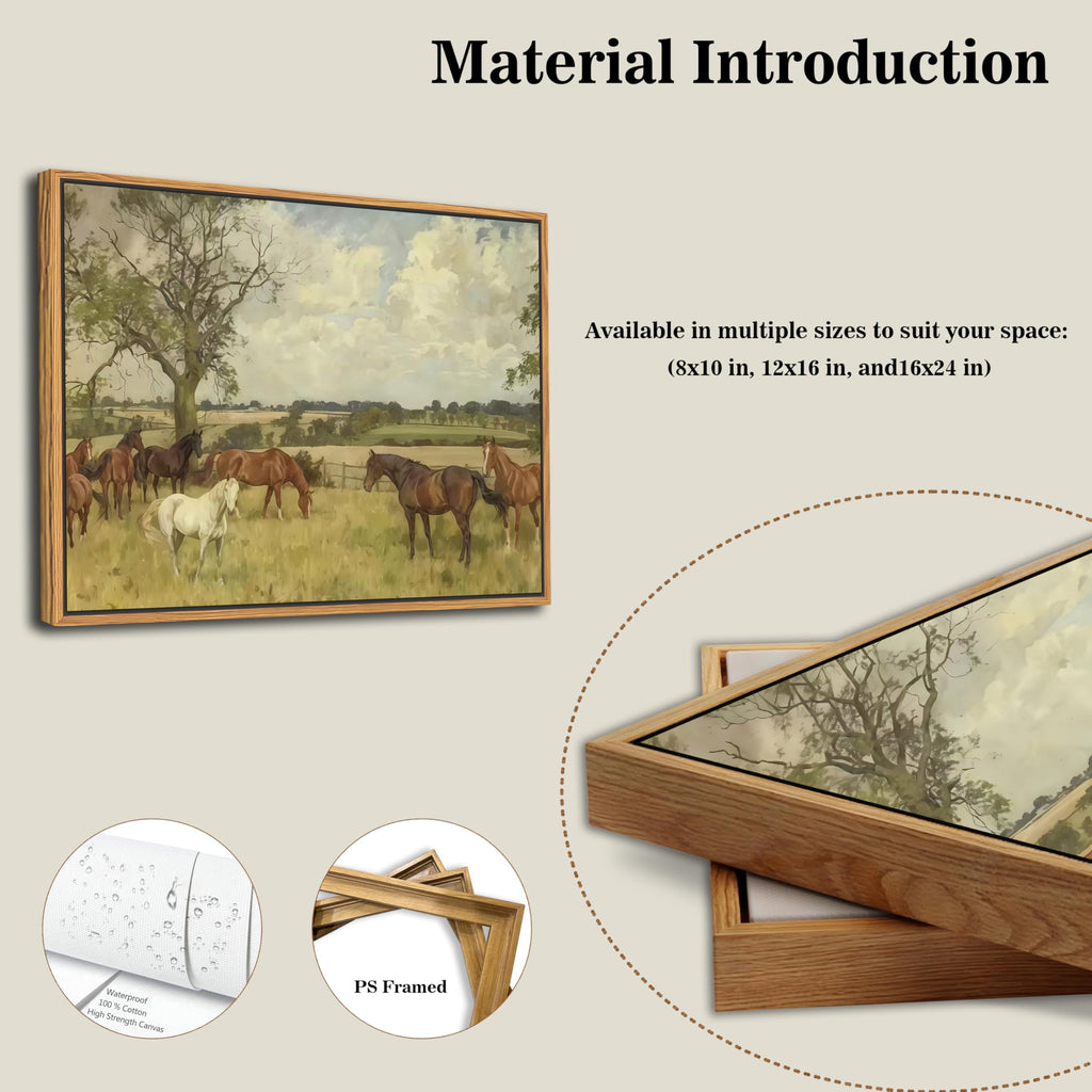 Floating Framed Canvas Wall Art, Vintage Nature landscape Picture Wall Decor, Majestic Brown Horse in The Countryside