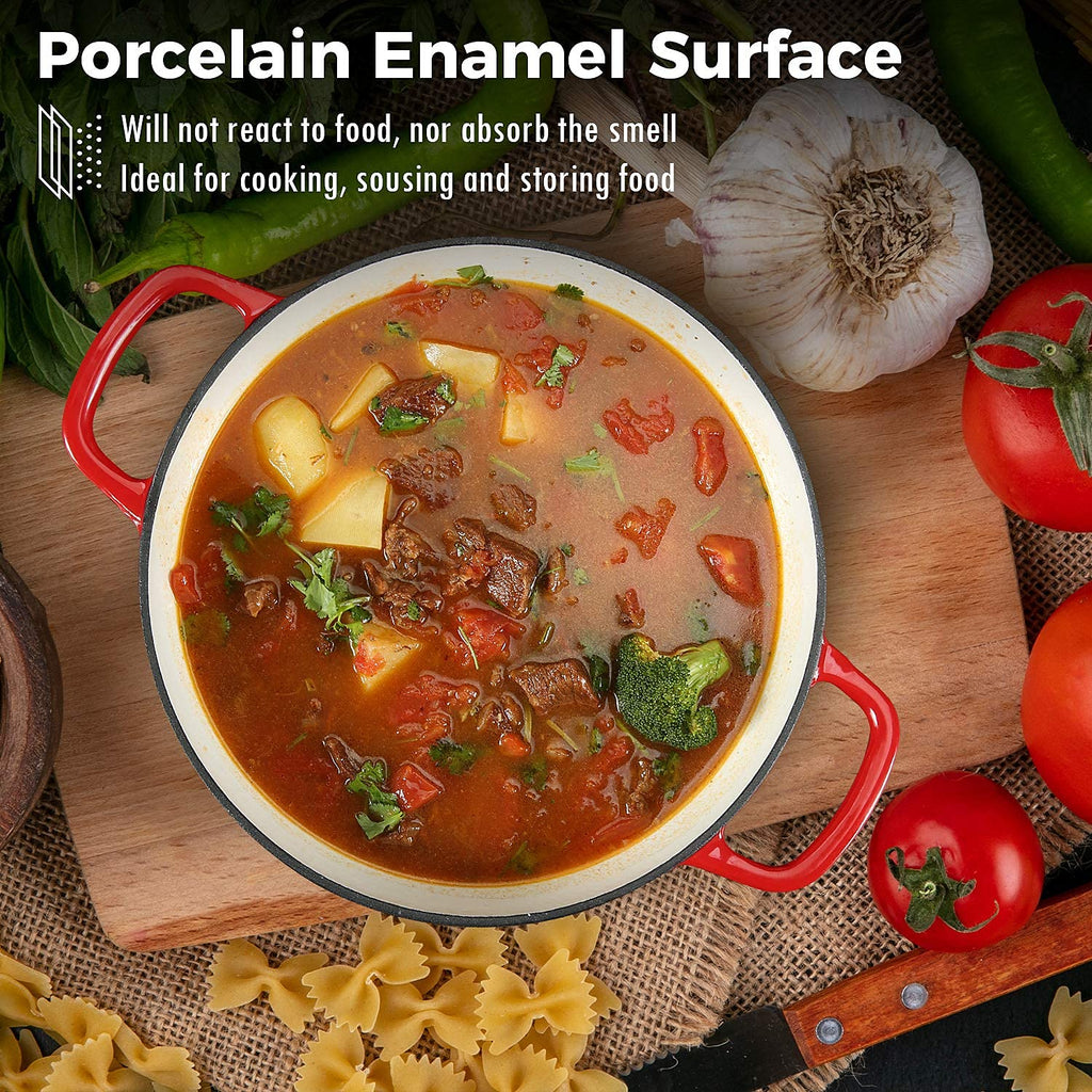 3.8 Quart Enameled Cast Iron Braiser Pan with Lid, Shallow Dutch Oven, Red
