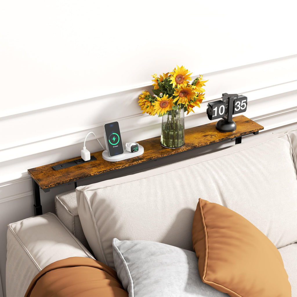 45" Adjustable Height Narrow Console Table with Power Outlets, Long Sofa Table with Charging Station Behind Couch