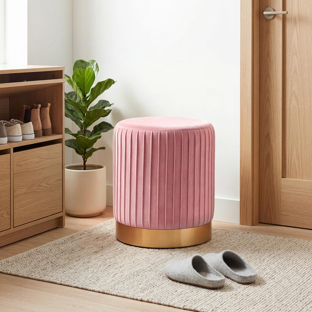 Round Velvet Ottoman, 16.5" H Footrest Stool (Pink, 1PC)