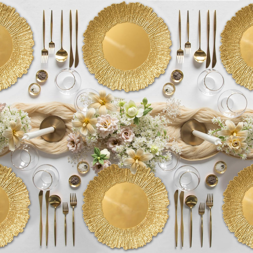 12 Pcs Gold Chargers for Dinner Plates, 13" Reusable Reef Serving Gold Chargers, Round Plastic Shiny Decorative