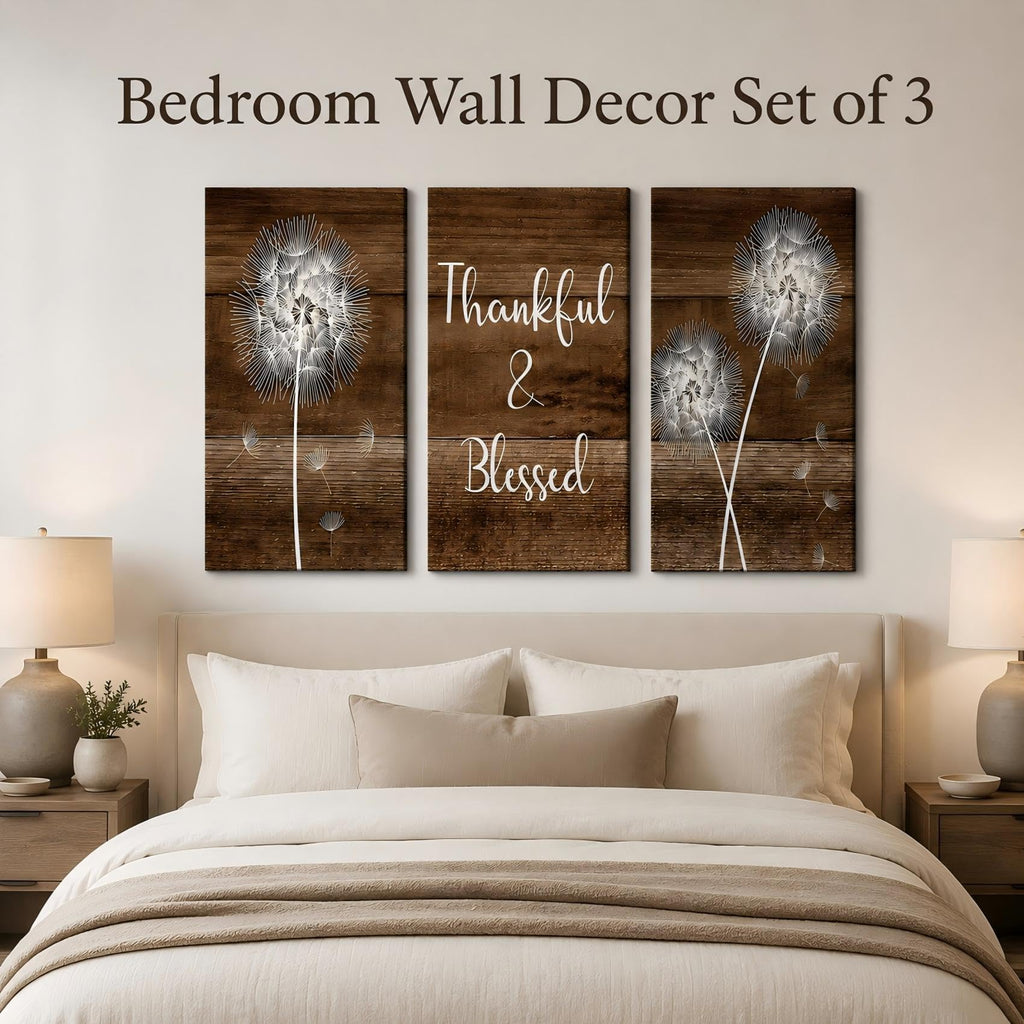 Thankful & Blessed Dandelion Framed 3‐Piece Canvas Wall Art, Rustic Wooden Plank Background Floral Typography Canvas