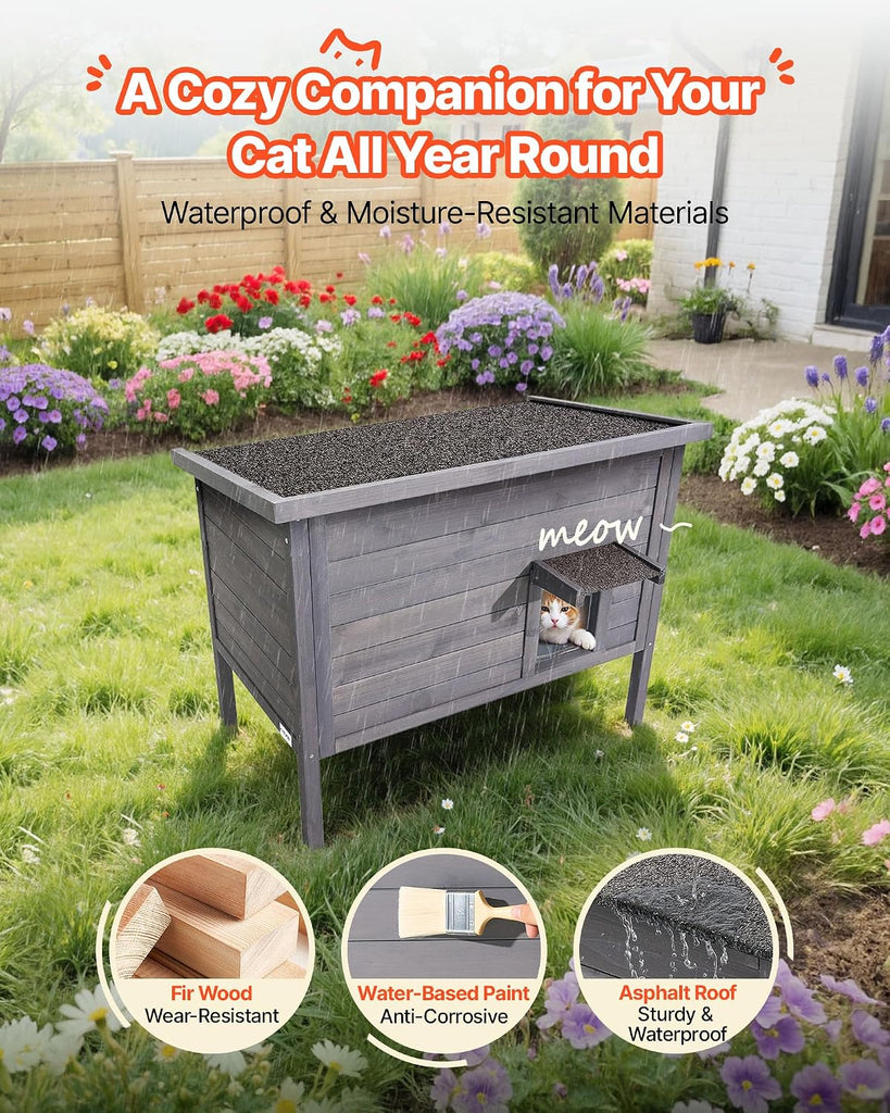 Heated Outdoor Cat House, Insulated Wooden Cat House for Cats, Waterproof Feral Kitty Shelter with Heating Pad, PVC