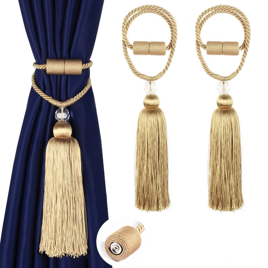 Magnetic Curtain Tiebacks Tassel Ties Backs Holdbacks Rope Convenient Drapes Handmade Home Office Decorative (Gold)