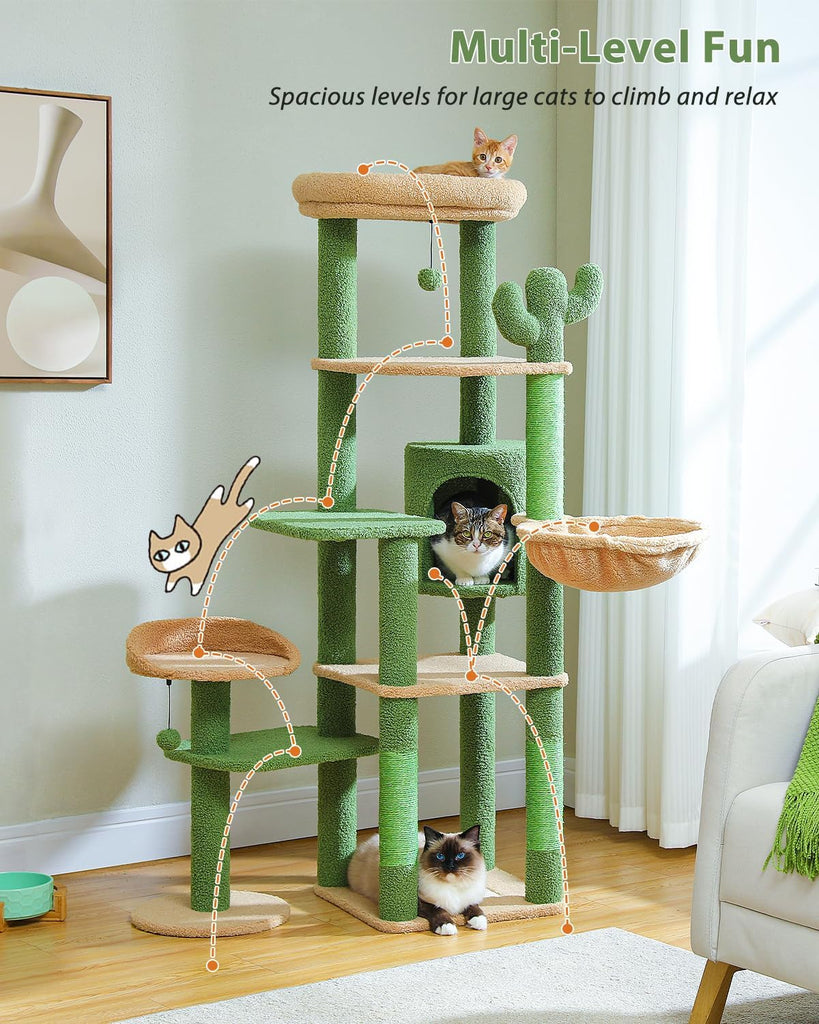 59" Cactus Cat Tree, Large Cat Tree for Indoor Cats, Cat Tower for Large Cats, Multi-Level Tower, Condo with Hammock