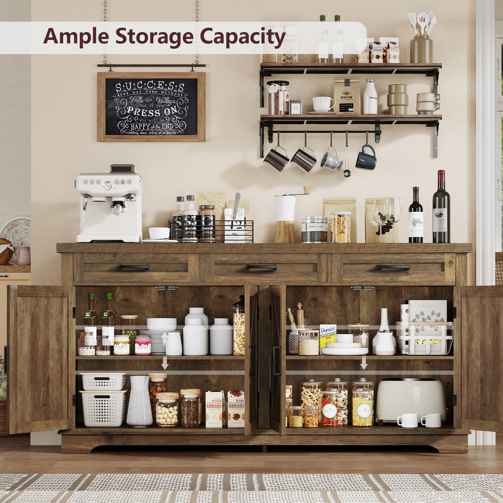 61" Large Buffet Cabinet with 4 Doors and 3 Drawers, Farmhouse Buffet Sideboard Cabinet with Storage, Coffee Bar Wine