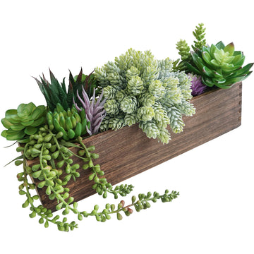 15" Assorted Artificial Succulent Arrangement Assorted Succulents in Rectangular Wooden Planter Faux Potted Plant for