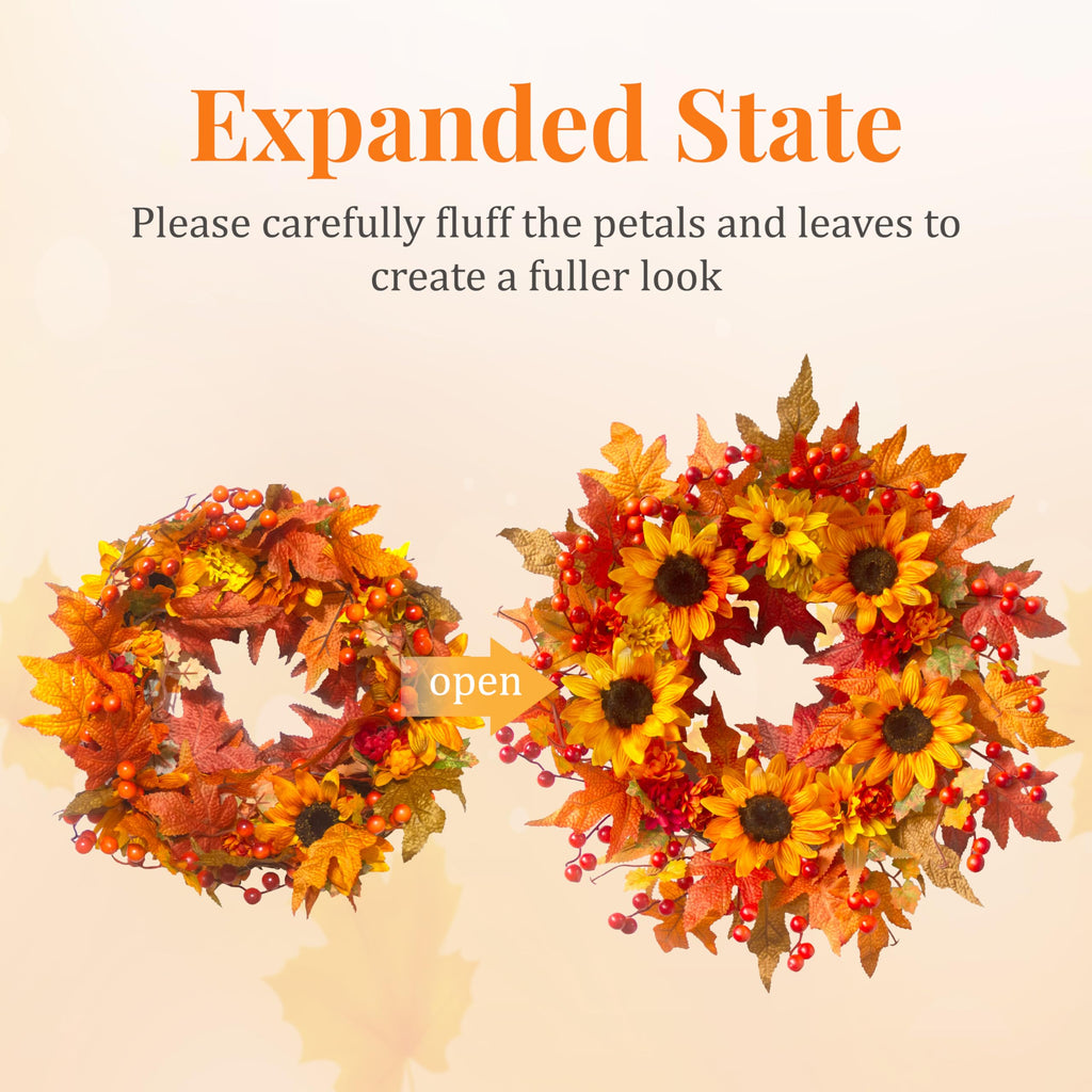 20" Sunflower Fall Wreath for Front Door Outside with Maple Leaves & Berry