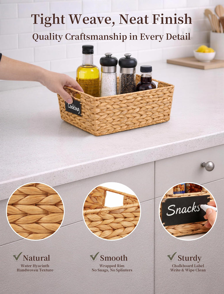 Pantry Baskets, 3 Pack Wicker Storage Baskets for Shelves, Natural